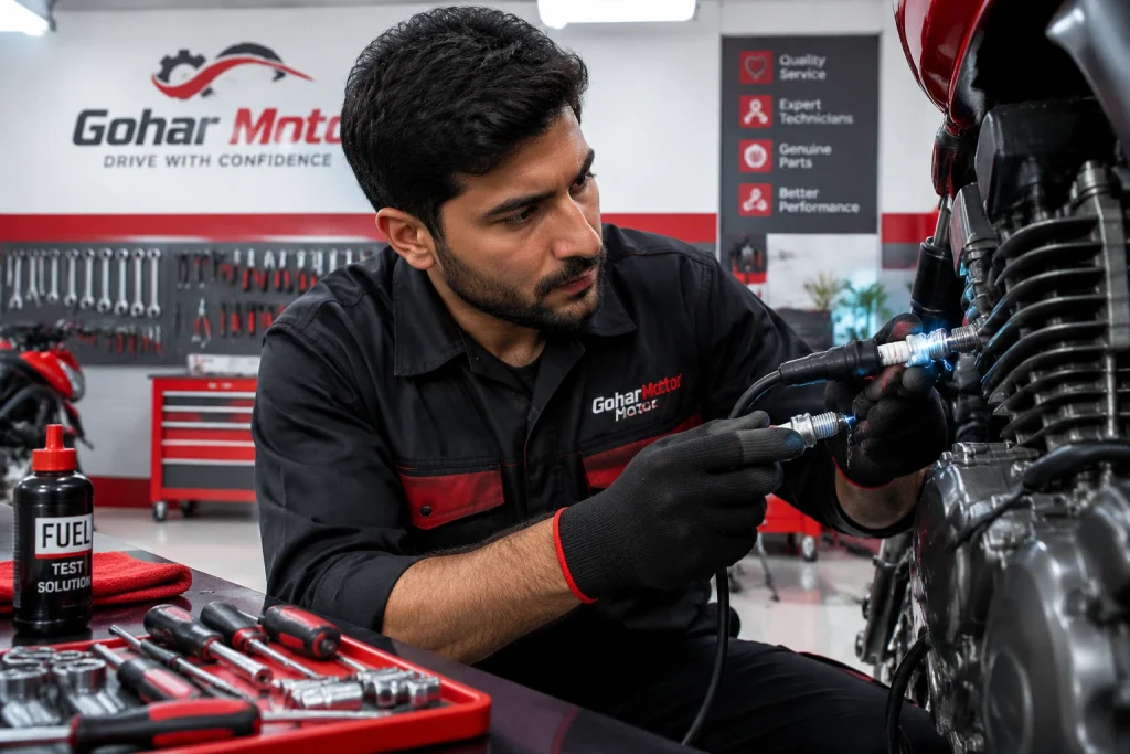 motorcycle-spark-plug-check-goharmotor.webp بررسی شمع موتور سیکلت برای تشخیص جرقه و رطوبت در گهر موتور