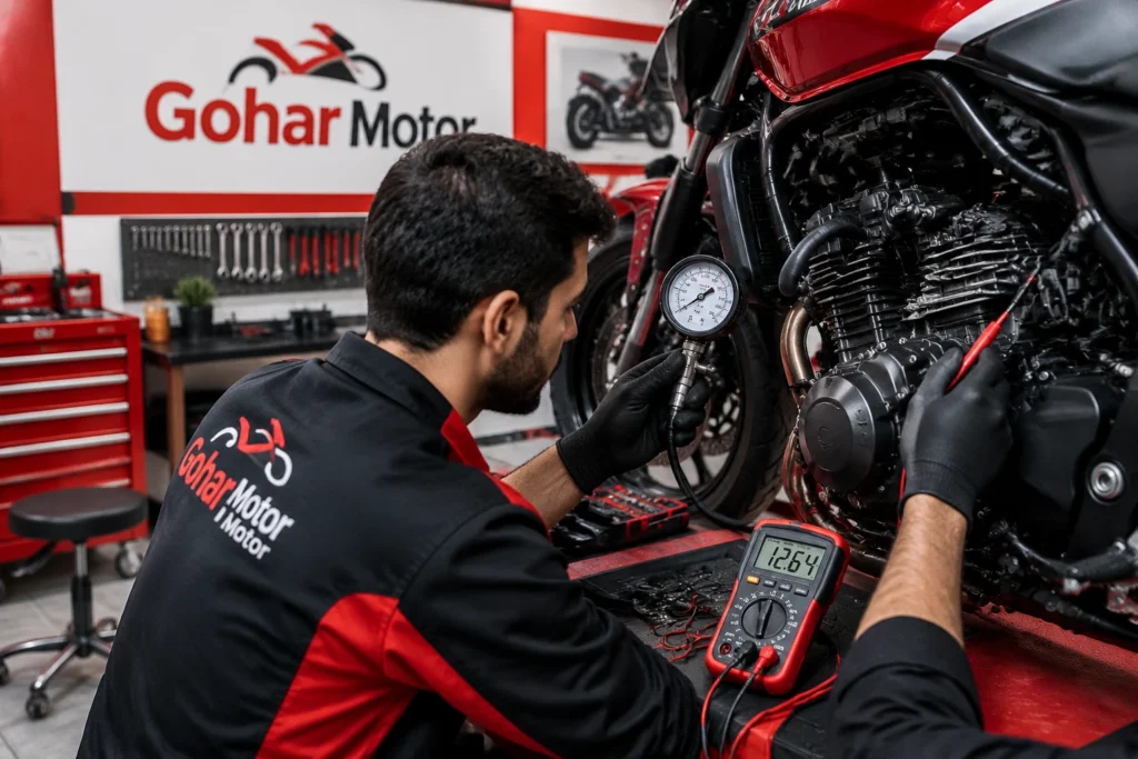 motorcycle-starting-problem-diagnosis-goharmotor.webp مسیر کلی عیبیابی روشن نشدن موتور سیکلت از باتری تا تراکم در گهر موتور