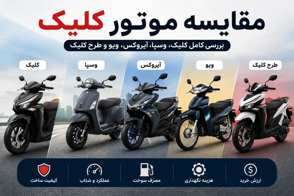 مقایسه موتور کلیک با وسپا، آیروکس، ویو و طرح کلیک از نظر مشخصات فنی، امکانات و ارزش خرید