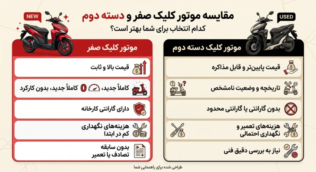 مقایسه خرید موتور کلیک صفر و دسته دوم